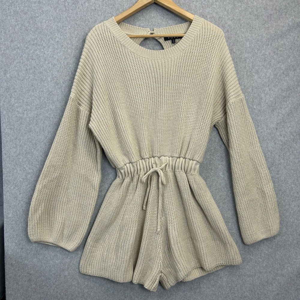 FORE Knit Romper Tan Long Sleeve Cozy Drawstring Waist Autumn Neutral Size Small